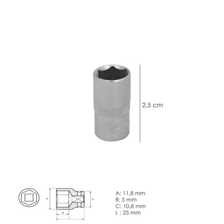 Llave Vaso 1/4 Hexagonal 8 mm. Perfil de 6 caras. Acero Cromo Vanadio, Aristas Redondas