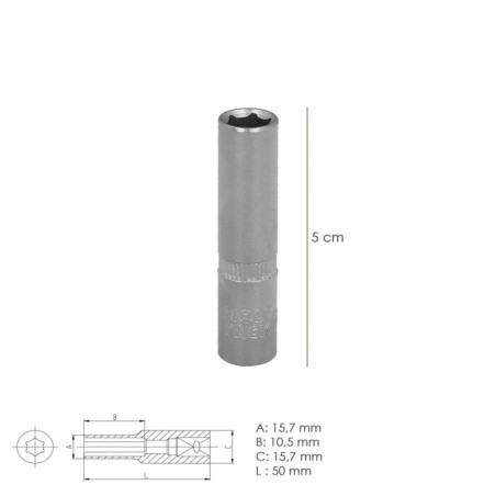 Llave Vaso 1/4 Hexagonal Larga 11 mm. Perfil de 6 caras. Acero Cromo Vanadio, Aristas Redondas