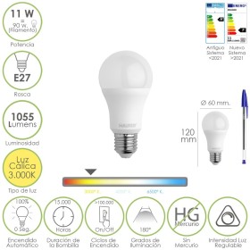 Bombilla Led Estándar Rosca E27. 11 Watt. Equivale A 90 Watt. 1055 Lúmenes. Luz Cálida (3000º K.) Dimerable