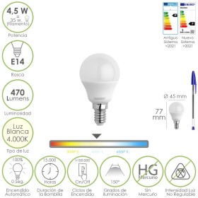 Bombilla Led Esférica Rosca E14 4.5 Watt. Equivale A 35 Watt. 470 Lúmenes. Luz Neutra (4000º K)