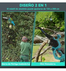 Mini Motosierra Outsunny 580W Brushless | 2 Baterías y Palo Telescópico