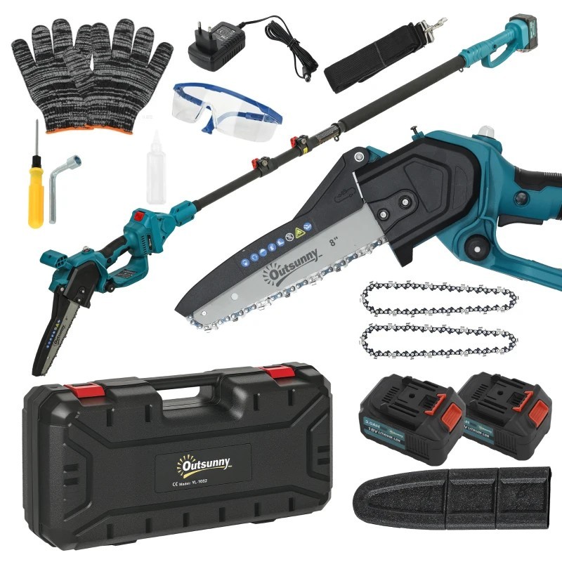 Mini Motosierra Eléctrica Outsunny a Batería (580W) Motor SIN ESCOBILLAS, 2 Baterías de 6000mAh y Palo Telescópico 2 en 1